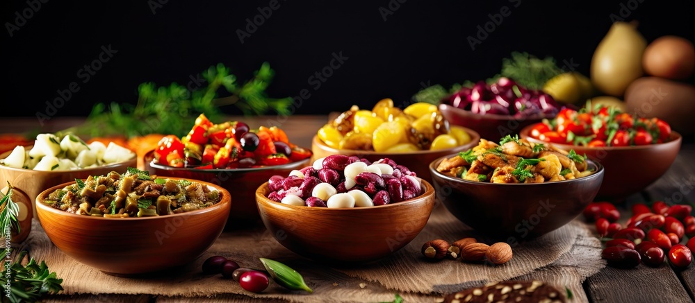 Leinwandbilder wooden bowls holding a variety of savory snacks arranged on a table for a party or gathering. with c