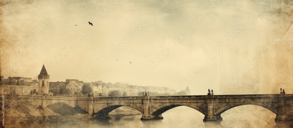Poster Bird gracefully soars above a bridge spanning a tranquil river in a picturesque old town setting with weathered paper textures. with copy space image. Place for adding text or design