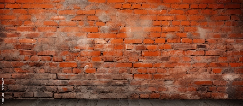 Poster vintage red-orange brick wall background with a rustic wooden floor. with copy space image. place fo