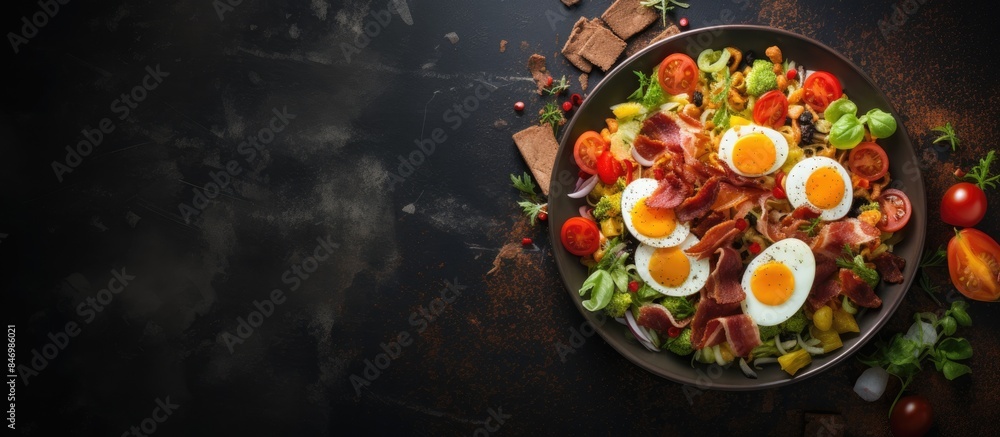 Poster vegetable salad with crispy bacon strips and boiled eggs, garnished with fresh tomato slices. with c