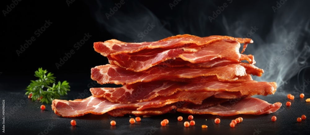 Poster A detailed view of a heap of bacon with a green parsley sprig, alongside smoked bacon slices on a sleek grey background. with copy space image. Place for adding text or design