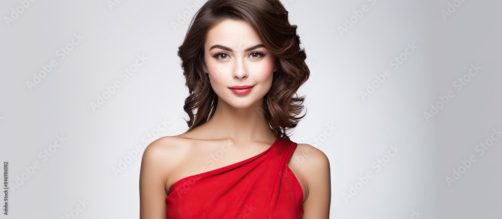 Poster attractive brunette in stunning red dress poses gracefully for a photograph on a plain white backgro