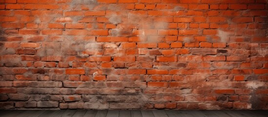 Vintage red-orange brick wall background with a rustic wooden floor. with copy space image. Place for adding text or design