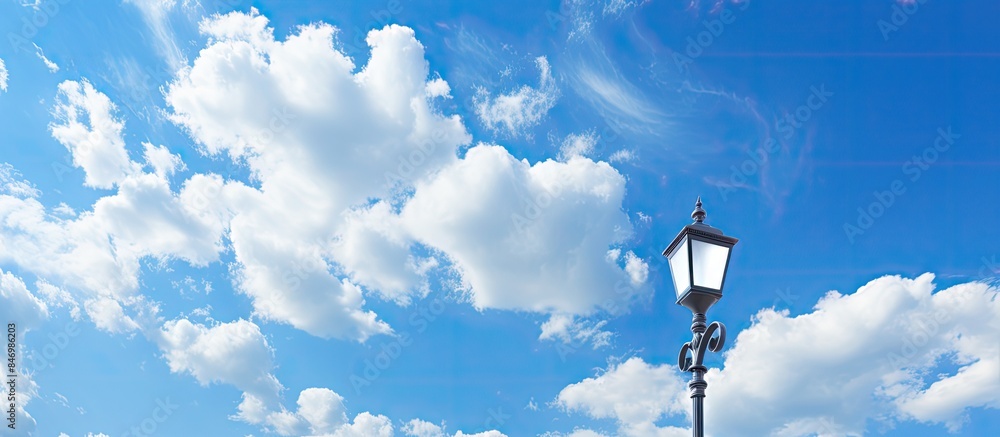 Fototapete street light post shining its light against a backdrop of clouds in the sky. with copy space image. 