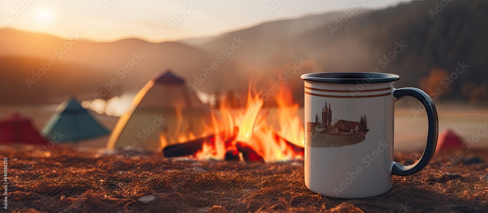 Poster Metallic mug placed close to a roaring campfire in the remote wilderness location. with copy space image. Place for adding text or design