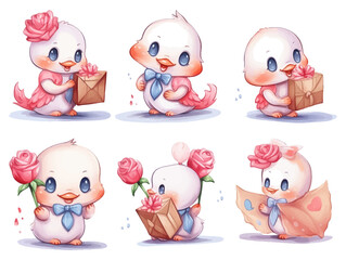 Watercolor valentines day love duck couple, hand drawn watercolor illustration for greeting card or invitation design