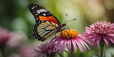 Fototapeta premium A vibrant and colorful butterfly with orange, black, and white wings resting on a pink flower with a soft-focused green background