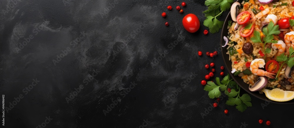 Poster Rice dish featuring seasoned shrimp, fresh tomatoes, and garnished with parsley on a plate. with copy space image. Place for adding text or design