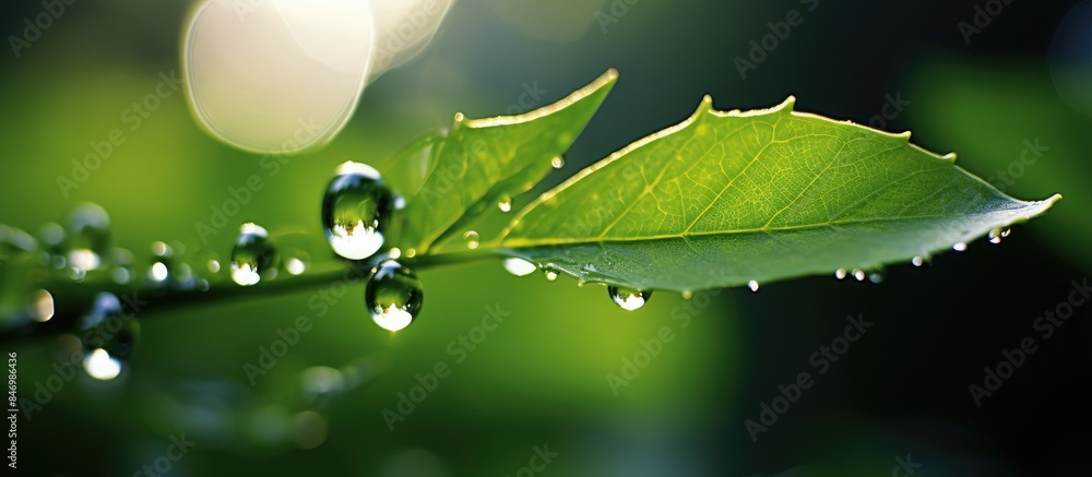 Aufkleber close-up view of a leaf adorned with glistening water droplets from the morning dew. with copy space