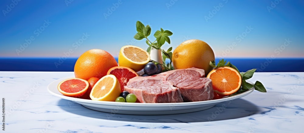 Aufkleber platter displaying a variety of fruits like oranges, grapes, along with meat slices. with copy space