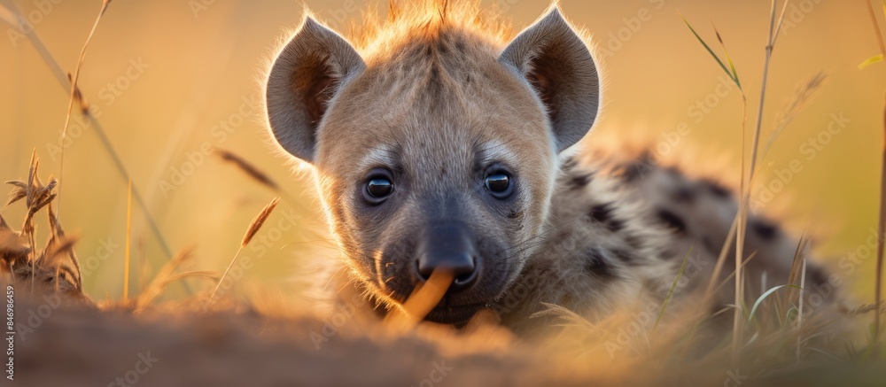 Poster cute spotted hyena pup peeking out amidst tall grass during the soft morning light. with copy space 