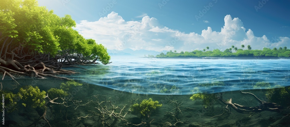 Leinwandbilder amidst a serene setting, a picturesque lake is encompassed by vibrant green trees and calm reflectiv