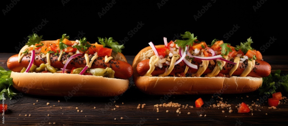 Fototapete two appetizing hot dogs loaded with various toppings placed on a rustic wooden table. with copy spac