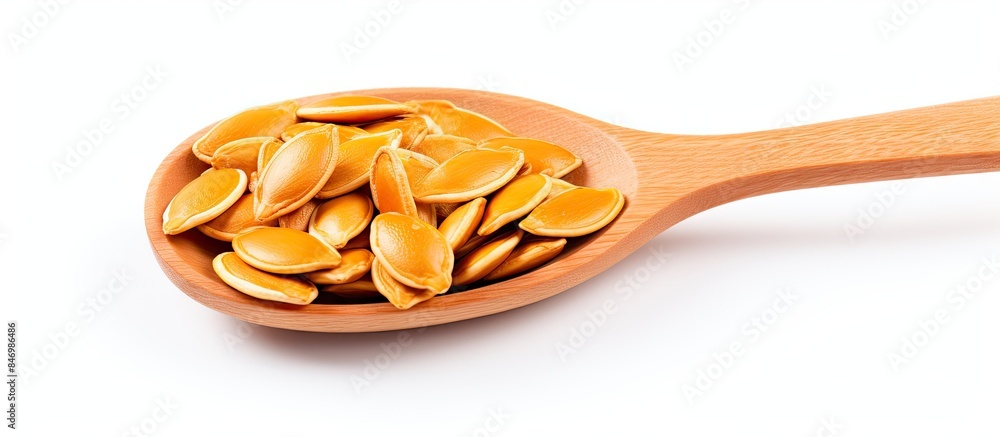 Fototapete wooden spoon filled with fresh orange slices set on a clean white tabletop. with copy space image. p