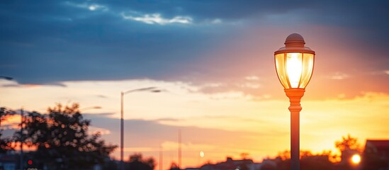 Electric street light shining on a pole with the sunset in the background, creating a scenic urban silhouette. with copy space image. Place for adding text or design