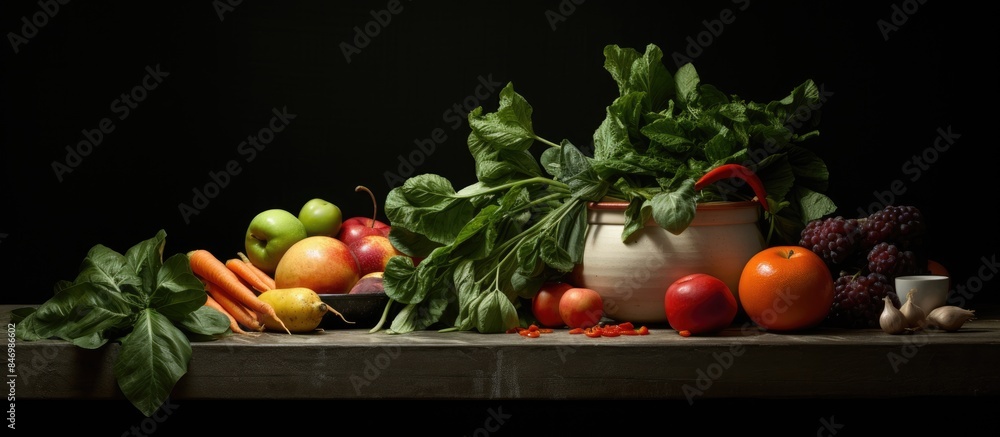 Poster Display of various fruits and vegetables on a tabletop in a dimly lit studio setting, capturing the essence of freshness. with copy space image. Place for adding text or design