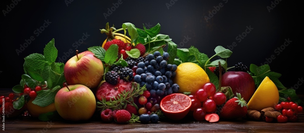 Aufkleber Assorted ripe fruits and vibrant herbs arranged beautifully on a dark background for a stunning still life composition. with copy space image. Place for adding text or design