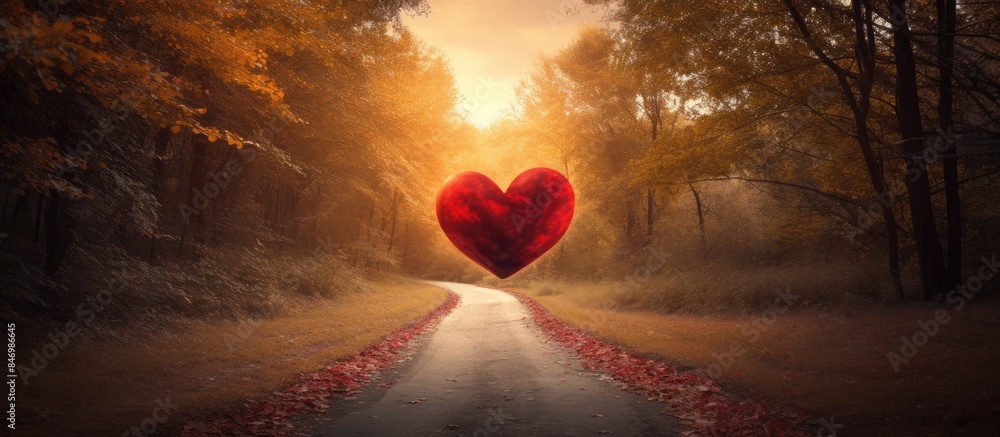 Poster Heart shaped object lies on the forest road surrounded by trees and nature. with copy space image. Place for adding text or design
