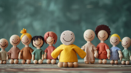 Happy wooden toy standing out from the crowd