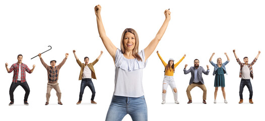 Happy young woman raising arms up and group of people cheering behind