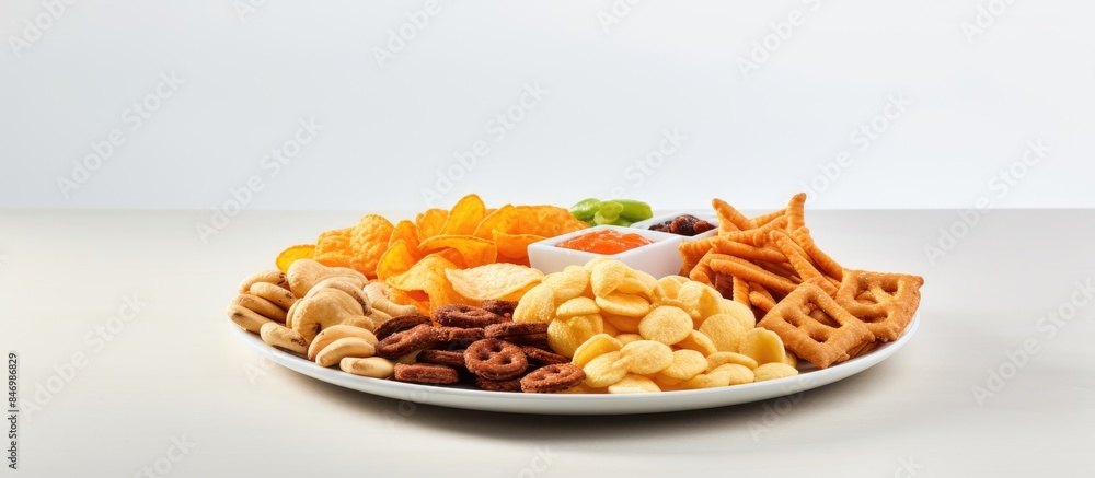 Poster various salty snacks displayed on a white plate, featuring a mix of waffles, nuts, and other tasty t
