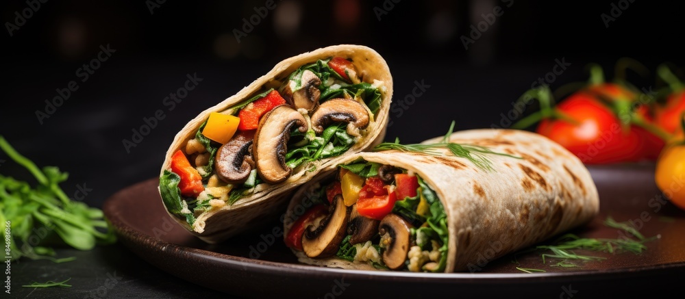 Aufkleber vegan tortilla wrap filled with assorted grilled vegetables, including mushrooms, for a tasty and he