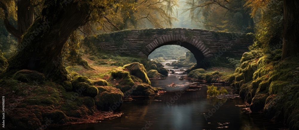 Poster an aged wooden bridge crossing a serene stream in a peaceful natural setting. with copy space image.