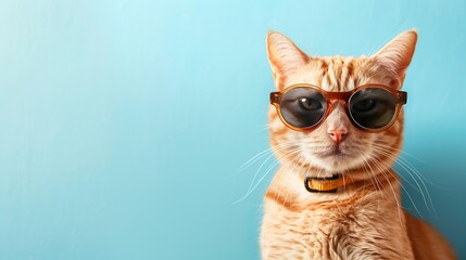 Portrait of cute ginger cat in stylish sunglasses on light blue background closeup : Generative AI