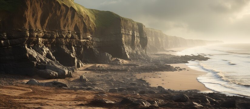 Rocky cliffs along Holderness Coast, one of Europe's fastest eroding areas with an average erosion rate of 2 meters per year. with copy space image. Place for adding text or design