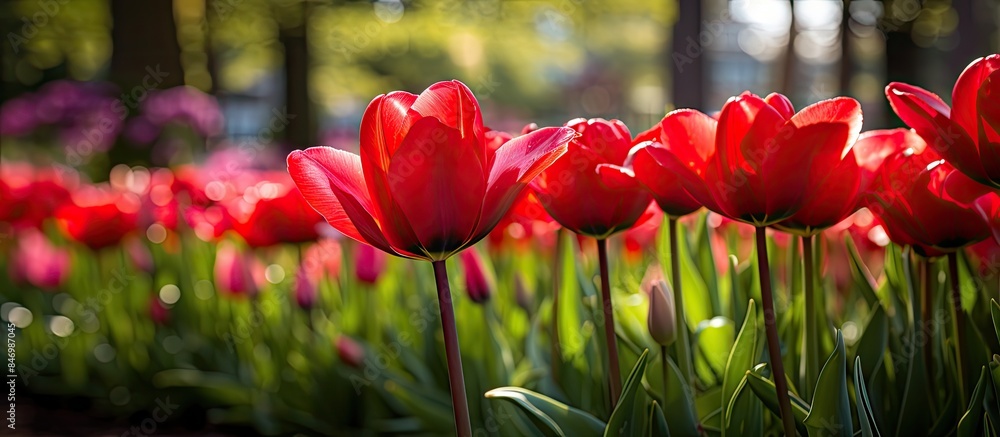 Leinwandbilder red tulips blooming abundantly in a lush field of vibrant green grass. with copy space image. place 