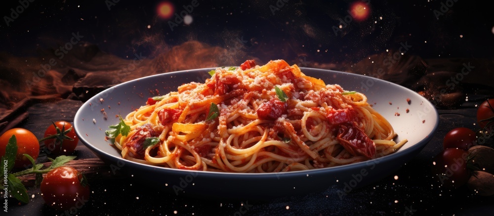 Poster spaghetti dish featuring vibrant red tomatoes and green parsley garnish. with copy space image. plac