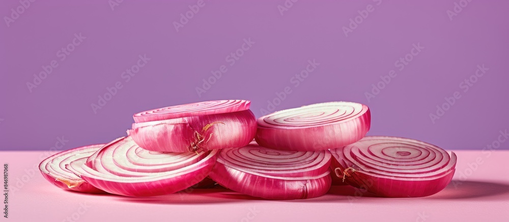 Poster slices of red onion arranged in circular rings. with copy space image. place for adding text or desi