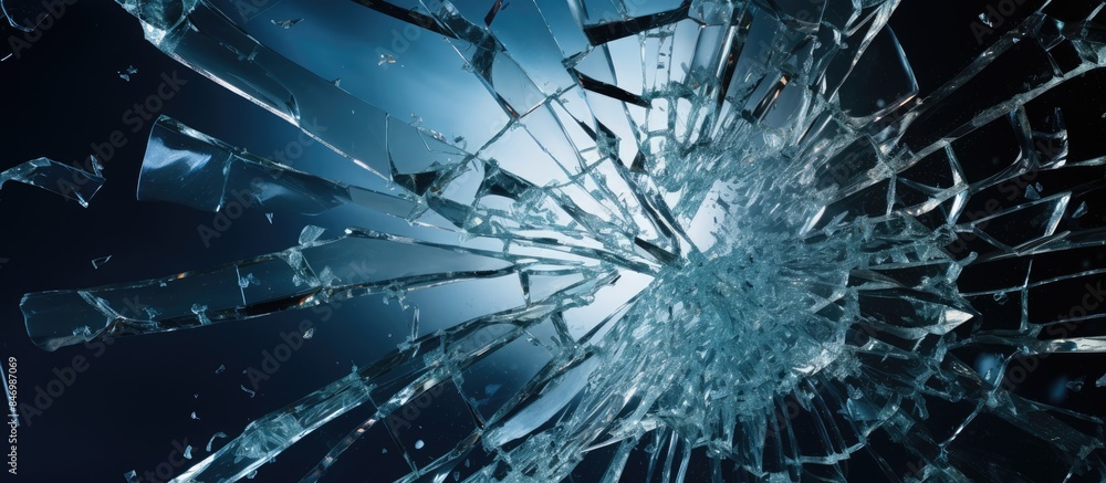 Aufkleber A close-up view of a broken glass window with fragments scattered on the ground under a clear blue sky. with copy space image. Place for adding text or design