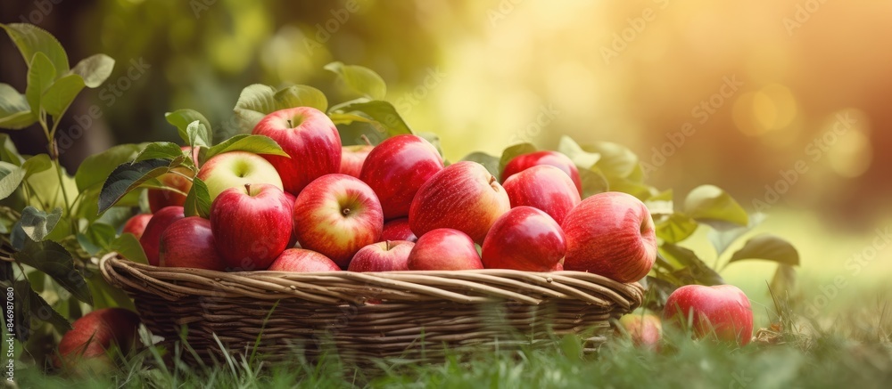 Leinwandbilder basket full of apples on green grass field for harvest and transport to store. with copy space image