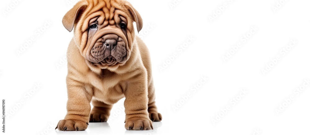 Poster Cute Shar Pei pup standing and gazing directly at the camera on a clean white backdrop. with copy space image. Place for adding text or design