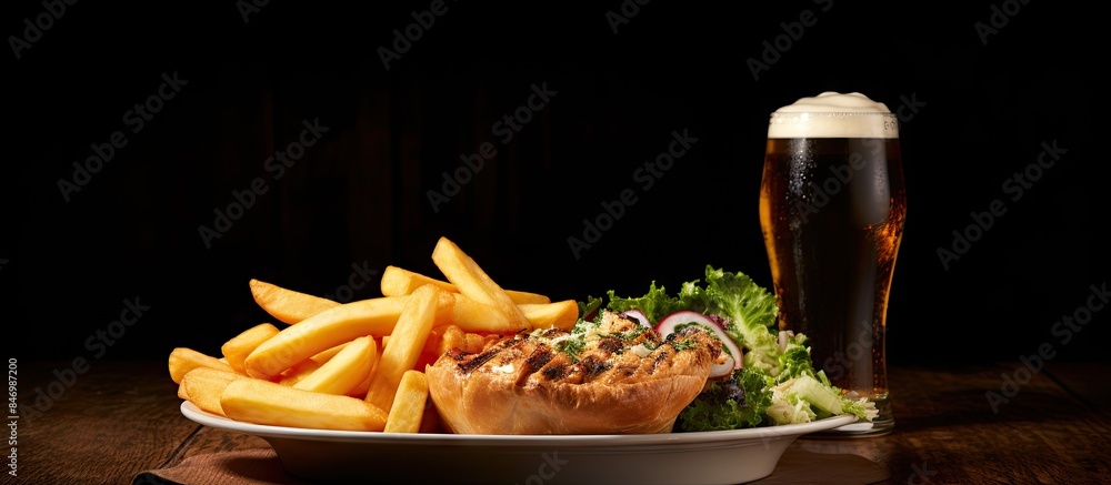 Poster food plate features sandwich, fries, pub pie with chips, salad, and a refreshing pint of beer. with 
