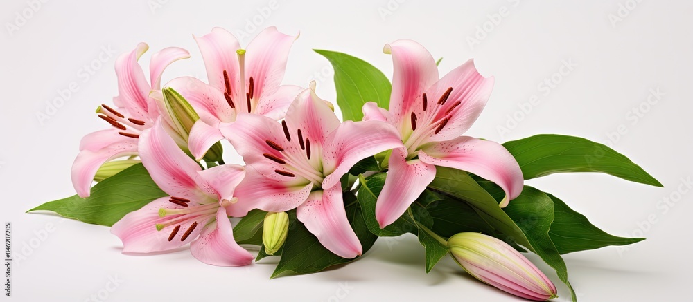 Fototapete pink flowers in bloom resting on a clean white table surface. with copy space image. place for addin