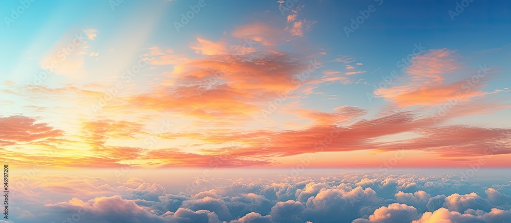 Poster A scenic view of a plane flying in the distance against a backdrop of a colorful sunset over a sky filled with fluffy clouds. with copy space image. Place for adding text or design