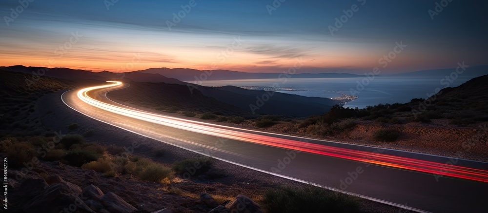 Poster Highway road with car creating light trail motion blur during sunset. with copy space image. Place for adding text or design