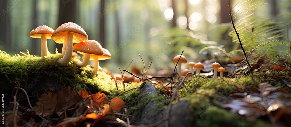 Leinwandbilder mushrooms growing on a green moss-covered log illuminated by sunlight in a peaceful woodland setting