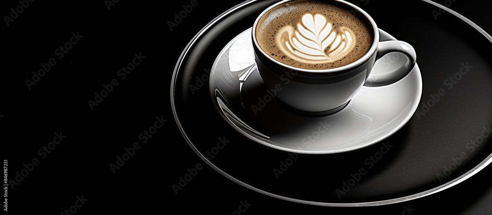Poster Monochrome plate holding coffee placed against a dark background. with copy space image. Place for adding text or design