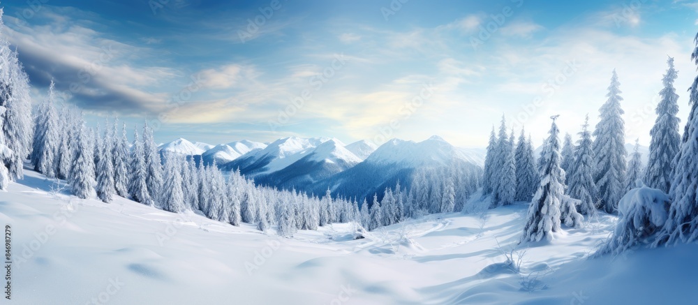 Poster Pine winter forest blanketed in snow with majestic mountains in the backdrop. with copy space image. Place for adding text or design
