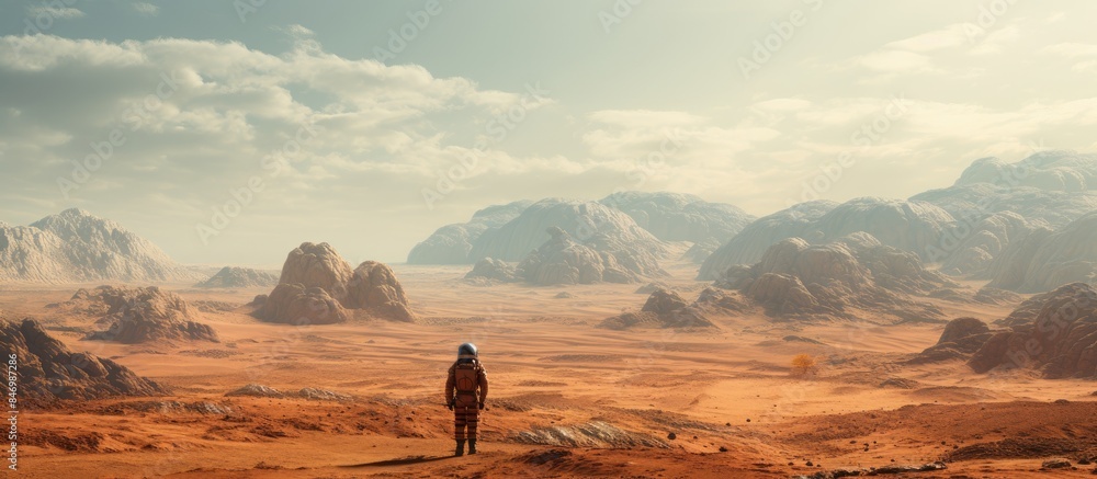 Poster A person stands in the desert with mountains in the background, portraying a vast and serene landscape. with copy space image. Place for adding text or design