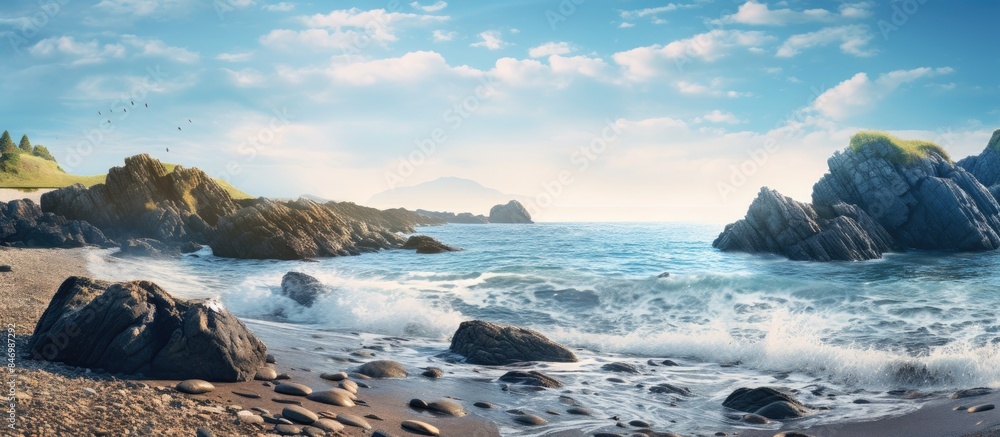 Leinwandbilder seascape view of rocks on the beach with water near a cliff, creating a serene and picturesque coast