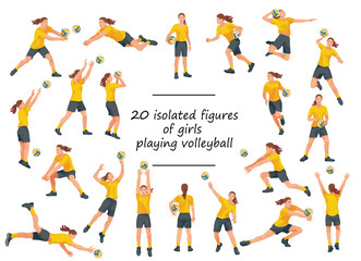 20 women's volleyball girl players isolated figures in yellow T-shirts running, jumping, catching, throwing the ball on white background