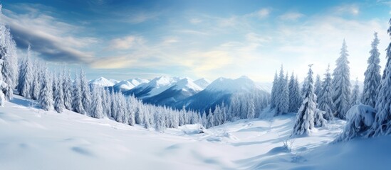 Fototapeta premium Pine winter forest blanketed in snow with majestic mountains in the backdrop. with copy space image. Place for adding text or design