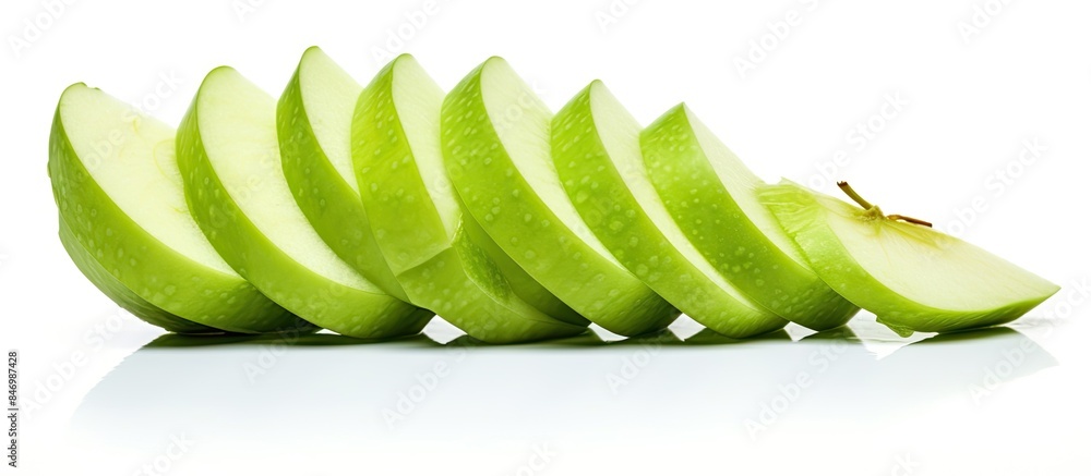 Poster fresh green apple slices arranged neatly against a clean white backdrop. with copy space image. plac