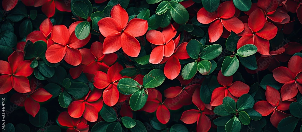 Fototapete Vivid red blooms captured up close with a backdrop of lush green foliage. with copy space image. Place for adding text or design