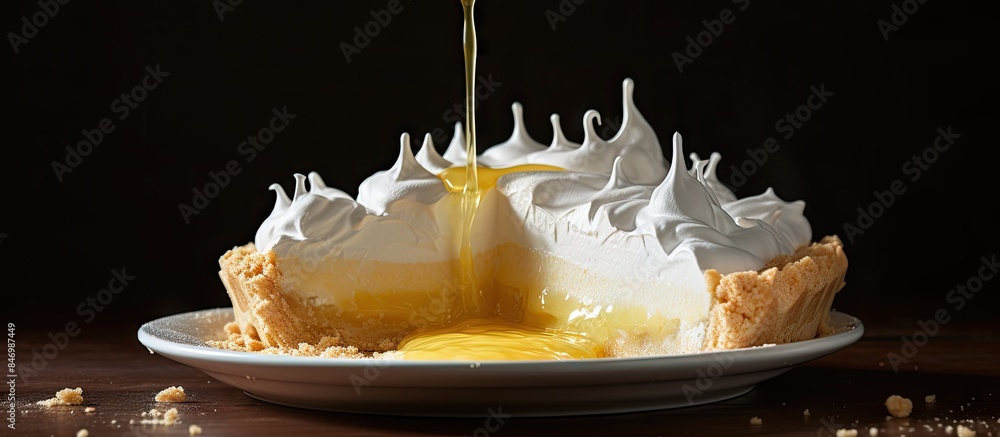 Poster pouring homemade lemon pie filling into graham cracker crust to prepare a delicious lemon meringue p