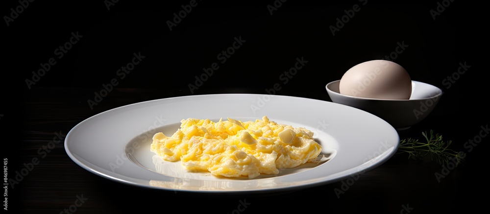 Poster eggs and a bowl of creamy yogurt displayed on a wooden table surface. with copy space image. place f